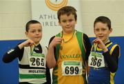 19 March 2011; Competitors, from left to right, Jack Hallahan, Midleton, 2nd place, Ryan Maguire, Annalee, 1st place, and Kieran O'Doherty, Spa Muckross, 3rd place, with their medals after the U13 Boys Shot Putt. Woodie’s DIY National Juvenile Indoor Championships, Meadowbank Indoor Arena, Magherafelt, Derry. Picture credit: Oliver McVeigh / SPORTSFILE