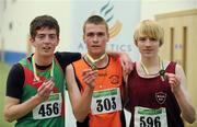 19 March 2011; U18 Boys 1500m winner Seamus Hogan, Nenagh Olympic AC, Co. Tipperary, centre, with second place Anthony Chambers, Westport AC, Co. Mayo, left, and third place Mitchell Byrne, Rathfarnham W.S.A.F., Dublin. Woodie’s DIY National Juvenile Indoor Championships, Meadowbank Indoor Arena, Magherafelt, Derry. Picture credit: Oliver McVeigh / SPORTSFILE
