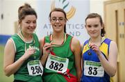 19 March 2011; U18 Girls Triple Jump winner Alice Dever, Wesport AC, Co. Mayo, centre, with second place Brid Brosnan, Ferrybank AC, Co. Waterford, left, and third place Laura Kavanagh, Roundwood and District, Co. Wicklow. Woodie’s DIY National Juvenile Indoor Championships, Meadowbank Indoor Arena, Magherafelt, Derry. Picture credit: Oliver McVeigh / SPORTSFILE
