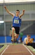19 March 2011; Michael Godley, Tralee Harriers AC, Co. Kerry, in action during the U19 Boys Triple jump. Woodie’s DIY National Juvenile Indoor Championships, Meadowbank Indoor Arena, Magherafelt, Derry. Picture credit: Oliver McVeigh / SPORTSFILE