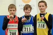 19 March 2011; U13 Boys High Jump winner Kieran Brady, Finn Valley, Co. Donegal, centre, with second place Conor Lynch, Lifford AC, Co. Donegal, left, and third place Ryan Carty Walsh, Adamstown AC, Co. Wexford. Woodie’s DIY National Juvenile Indoor Championships, Meadowbank Indoor Arena, Magherafelt, Derry. Picture credit: Oliver McVeigh / SPORTSFILE