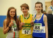 18 March 2011; U16 Girls high jump winner Amy McTeggart, Boyne AC, Co. Wicklow, centre, with second place Anna McIlmoyle, City of Lisburn, Co. Antrim, left, and third place Bliathnaid Patton, Finn Valley, Co. Donegal. Woodie’s DIY National Junior Indoor Championships, Meadowbank Indoor Arena, Magherafelt, Derry. Picture credit: Oliver McVeigh / SPORTSFILE