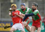 6 November 2016; Cian Waldron of Cuala in action against Conor Kilbane, centre, and Jim Fitzpatrick, right, of Borris-Kilcotton during the AIB Leinster GAA Hurling Senior Club Championship quarter-final game between Cuala and Borris-Kilcotton at Parnell Park in Dublin. Photo by Cody Glenn/Sportsfile