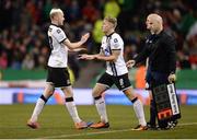 6 November 2016; Chris Shields, left, of Dundalk is replaced by substitute John Mountney during the Irish Daily Mail FAI Cup Final match between Cork City and Dundalk at Aviva Stadium in Lansdowne Road, Dublin. Photo by Seb Daly/Sportsfile