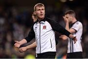6 November 2016; Dundalk manager Stephen Kenny looks for encouragement from the supporters during the Irish Daily Mail FAI Cup Final match between Cork City and Dundalk at Aviva Stadium in Lansdowne Road, Dublin. Photo by Seb Daly/Sportsfile