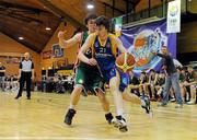 24 March 2011; Declan Cahill, Castleisland Community College, Castleisland, Co. Kerry, in action against Padraig Burke, Calasanctius College, Oranmore, Co. Galway. Basketball Ireland Boys U19A Schools League Final, Calasanctius College, Oranmore, Co. Galway v Castleisland Community College, Castleisland, Co. Kerry, National Basketball Arena, Tallaght, Co. Dublin. Picture credit: Barry Cregg / SPORTSFILE