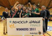 24 March 2011; Calasanctius College, Oranmore, Co. Galway, players celebrate with the trophy after the game. Basketball Ireland Boys U19A Schools League Final, Calasanctius College, Oranmore, Co. Galway v Castleisland Community College, Castleisland, Co. Kerry, National Basketball Arena, Tallaght, Co. Dublin. Picture credit: Barry Cregg / SPORTSFILE