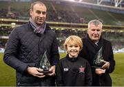 6 November 2016; Former Cork City player Dan Murray, left, former Dundalk manager and player Jim McLaughlin, right, and Jim's grandson Jack McLaughlin, age 10, during the Hall of Fame presentations following the Continental Tyres Women's Senior Cup Final game between Wexford Youths and Shelbourne at Aviva Stadium in Lansdowne Road, Dublin. Photo by Seb Daly/Sportsfile