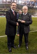 6 November 2016; Pat O'Sullivan, right, chairman and owner of Limerick FC is presented with the pitch of the year award by Minister of State for Tourism and Sport Patrick O'Donovan TD during the Irish Daily Mail FAI Cup Final match between Cork City and Dundalk at Aviva Stadium in Lansdowne Road, Dublin. Photo by Seb Daly/Sportsfile