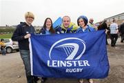 27 March 2011; Leinster supporters from left, Josie Kelly, Northampton, Yvonne Kelly, Balbriggan, Co. Dublin, Cian Nolan, Blackrock, Co. Dublin, and Aisling O'Connor, Bourne, Co. Meath, ahead of the Dragons v Leinster Celtic League game in Rodney Parade, Newport, Wales. Picture credit: Steve Pope / SPORTSFILE