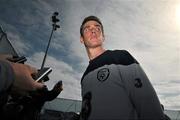 28 March 2011; Republic of Ireland's Ciaran Clark speaking to members of the press at the end of squad training ahead of their International Friendly against Uruguay on Tuesday night. Republic of Ireland Squad Training, Gannon Park, Malahide, Co. Dublin. Picture credit: David Maher / SPORTSFILE