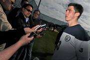 28 March 2011; Republic of Ireland's Ciaran Clark speaking to members of the press at the end of squad training ahead of their International Friendly against Uruguay on Tuesday night. Republic of Ireland Squad Training, Gannon Park, Malahide, Co. Dublin. Picture credit: David Maher / SPORTSFILE