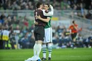 29 March 2011; Republic of Ireland goalkeeper Keiren Westwood, left, and team-mate Darren O'Dea before the game. International Friendly, Republic of Ireland v Uruguay, Aviva Stadium, Lansdowne Road, Dublin. Picture credit: Brian Lawless / SPORTSFILE