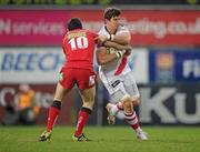 1 April 2011; Robbie Diack, Ulster, is tackled by Stephen Jones, Scarlets. Celtic League, Ulster v Scarlets, Ravenhill Park, Belfast, Co. Antrim. Picture credit: Stephen McCarthy / SPORTSFILE