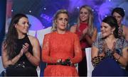 12 November 2016; Bríd Stack of Cork reacts after being announced as the Senior Players' Player of the Year, and is applauded by, from left, Leah Caffrey of Dublin, Orla Finn of Cork, Marie Ambrose of Cork and Sinéad Aherne of Dublin at the TG4 Ladies Football All Stars awards in Citywest Hotel in Dublin. Photo by Brendan Moran/Sportsfile