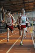 2 April 2011; William Crowe, North Sligo, comes to the line ahead of team-mate Cian McBride to win the U-15 Boy's 800m during the Woodie’s DIY Juvenile Indoor Championships. Nenagh Indoor Stadium, Nenagh, Co. Tipperary. Picture credit: Barry Cregg / SPORTSFILE