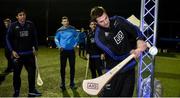 14 November 2016; To help launch the AIG Insurance new discounts for drivers and their spouse/partners, the AIG Skills Challenge brought together the All Ireland Gaelic Football Champions Dublin and the Rugby World Champions the New Zealand All Blacks’ for a head to head sporting clash in Castleknock College. Pictured is All Black Liam Squire trying his hand at the game of hurling, watched by team-mates Reiko Ioane, left, Ryan Crotty and Dublin hurler Liam Rushe. Castleknock College, Dublin. Photo by Brendan Moran/Sportsfile