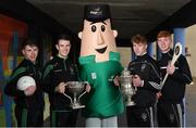 17 November 2016; Top Oil mascot &quot;Mr. Ted&quot; with defending champions, from left, footballers Tom Keane and Davy Keogh, from St. Benildus College, Dublin, and hurlers Martin Keoghan, and Adrian Mullen, from St. Kieran's College Kilkenny, during the launch of the Top Oil sponsorship of the Leinster GAA Schools Senior Championships at St. Vincent's CBS, Dublin. Photo by Cody Glenn/Sportsfile