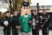 17 November 2016; Top Oil mascot &quot;Mr. Ted&quot; with defending champions, from left, footballers Tom Keane and Davy Keogh, from St. Benildus College, Dublin, and hurlers Martin Keoghan, and Adrian Mullen, from St. Kieran's College Kilkenny, during the launch of the Top Oil sponsorship of the Leinster GAA Schools Senior Championships at St. Vincent's CBS, Dublin. Photo by Cody Glenn/Sportsfile