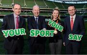 17 November 2016; In attendance at the National Sports Policy Framework launch are, from left, Republic of Ireland Manager Martin O'Neill, and Minister for Transport, Tourism and Sport, Shane ross TD, Ellen Keane, Bronze Medallist Paralympian Swimmer, and Minister of State for Tourism an Sport, Patrick O'Donovan, at Aviva Stadium in Lansdowne Road, Dublin. Photo by Seb Daly/Sportsfile