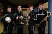 17 November 2016; 2015 Defending champions, from left, footballers Tom Keane and Davy Keogh, from St. Benildus College, Dublin, and hurlers Martin Keoghan, and Adrian Mullen, from St. Kieran's College Kilkenny, during the launch of the Top Oil sponsorship of the Leinster GAA Schools Senior Championships at St. Vincent's CBS, Dublin. Photo by Cody Glenn/Sportsfile
