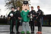 17 November 2016; Top Oil mascot &quot;Mr. Ted&quot; with defending champions, from left, footballers Tom Keane and Davy Keogh, from St. Benildus College, Dublin, and hurlers Martin Keoghan, and Adrian Mullen, from St. Kieran's College Kilkenny, during the launch of the Top Oil sponsorship of the Leinster GAA Schools Senior Championships at St. Vincent's CBS, Dublin. Photo by Cody Glenn/Sportsfile