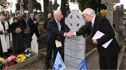 19 November 2016; Uachtarán Chumann Lúthchleas Gael Aogán Ó Fearghail shakes hands with Stephen Brennan in Glasnevin Cemetery at the unveiling of a headstone to Bloody Sunday victim Daniel Carroll, one of 14 people shot and killed by British Forces at Croke Park 96 years ago this weekend. Glasnevin Cemetery, Dublin.  Photo by Ray McManus/Sportsfile