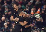 19 November 2016; New Zealand's Malakai Fekitoa, right, celebrates scoring a try with Israel Dagg and Anton Liernert-Brown during the Autumn International match between Ireland and New Zealand at the Aviva Stadium in Dublin. Photo by Ramsey Cardy/Sportsfile