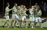 11 April 2011; Shamrock Rovers' Karl Sheppard, centre, celebrates with team-mates after scoring his side's second goal. Setanta Sports Cup Semi-Final 1st Leg, Sligo Rovers v Shamrock Rovers, Showgrounds, Sligo. Picture credit: David Maher / SPORTSFILE
