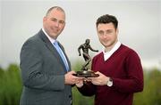 14 April 2011; Mark Quigley, Dundalk, is presented with the Airtricity / SWAI Player of the Month for March 2011 Award by Jason Cooke, Airtricity, left. Clarion Hotel Dublin Airport, Dublin. Picture credit: Brian Lawless / SPORTSFILE