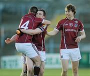 16 April 2011; Patrick Sweeney, Michael Boyle and Joe Joe Greaney celebrate after the game. Cadbury GAA All-Ireland Football U21 Championship Semi-Final, Cork v Galway, Cusack Park, Ennis, Co. Clare. Picture credit: Ray Ryan / SPORTSFILE