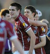 16 April 2011; Fiontan O Curraoin and Colin Forde celebrate after the game. Cadbury GAA All-Ireland Football U21 Championship Semi-Final, Cork v Galway, Cusack Park, Ennis, Co. Clare. Picture credit: Ray Ryan / SPORTSFILE