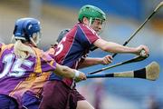 17 April 2011; Ann Marie Hayes, Galway, in action against Katrina Parrock, left, and Una Leacy, Wexford. Irish Daily Star Camogie League, Division 1, Final, Galway v Wexford, Semple Stadium, Thurles, Co. Tipperary. Picture credit: Brian Lawless / SPORTSFILE