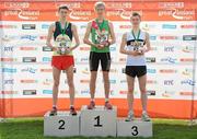 10 April 2011; First place David Harper, from Westport, Co. Mayo, second place Eoin Taggart, from Blessington Valley A.C., Wicklow, left, and third place Sam Allen, from Castletown, Co. Kildare, following the SPAR Junior Great Ireland Run 2011. Phoenix Park, Dublin. Picture credit: Stephen McCarthy / SPORTSFILE