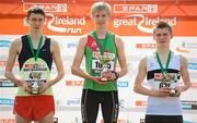 10 April 2011; First place David Harper, from Westport, Co. Mayo, second place Eoin Taggart, from Blessington Valley A.C., Wicklow, left, and third place Sam Allen, from Castletown, Co. Kildare, following the SPAR Junior Great Ireland Run 2011. Phoenix Park, Dublin. Picture credit: Stephen McCarthy / SPORTSFILE