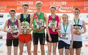 10 April 2011; Winners and placed athletes, from left, second place Edel Glennon, from kinnegad, Co. Westmeath, Eoin Taggart, from Blessington Valley A.C., Wicklow, winners David Harper, from Westport, Co. Mayo, Cassie Murphy, Dundrum, Co. Dublin, third place Lorraine Daly, from Ture, Co. Donegal, and Sam Allen, from Castletown, Co. Kildare, following the SPAR Junior Great Ireland Run 2011. Phoenix Park, Dublin. Picture credit: Stephen McCarthy / SPORTSFILE