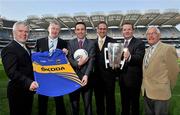 19 April 2011; Pictured at the announcement of Skoda as the new sponsor for Tipperary GAA and the unveiling of the new Tipperary GAA strip for 2011 are, from left, Barry O'Brien, Chairman of Tipperary County Board, Tim Floyd, County Board Secretary, Ray Leddy, Marketing Manager of Skoda Ireland, Zac Hollis, Director, Skoda Ireland, John Donegan, Head of Sales & Marketing, Skoda Ireland, and Sean Nugent, Vice-Chairman of Tipperary County Board. The three year sponsorship agreement which begins following the 2011 National Leagues will see Skoda Ireland invest approx €200,000 per annum into the Premier County. The full sponsorship of Tipperary GAA covers both the hurling and football codes and includes all grades from minor to senior inter-county teams. As part of the sponsorship agreement, the new look Tipperary jersey was unveiled displaying the Skoda brand name. Croke Park, Dublin. Picture credit: Brian Lawless / SPORTSFILE