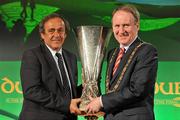 19 April 2011; UEFA President Michel Platini hands over the UEFA Europa League Trophy to Cllr. Gerry Breen, Lord Mayor of Dublin, for the city to keep and display to the public until the UEFA Europa League final, to be played at the Aviva Stadium on Wednesday 18 May. Royal Hospital Kilmainham, Dublin. Picture credit: David Maher / SPORTSFILE