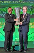 19 April 2011; UEFA President Michel Platini hands over the UEFA Europa League Trophy to Gerry Breen, Lord Mayor of Dublin, for the city to keep and display to the public until the UEFA Europa League final, to be played at the Aviva Stadium on Wednesday 18 May. Royal Hospital Kilmainham, Dublin. Picture credit: David Maher / SPORTSFILE