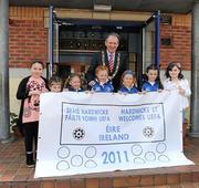 19 April 2011; Cllr. Gerry Breen, Lord Mayor of Dublin, with Hardwicke Football Club children, from left, Alana Kennedy, Bobbi Browne, Teegan Hanney, Sophie Perry, Abbie Smyth, Ally O'Toole and Chloe Brennan await the arrival of the UEFA President, Michel Platini, who visited the club's facilities and the Football for All Programme while in Dublin for the UEFA Europa League Trophy Handover in advance of the UEFA Europa League final, to be played at the Aviva Stadium on Wednesday 18 May. Hardwicke Street, Dublin. Picture credit: Ray McManus / SPORTSFILE