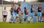 22 April 2011; Daniel Corcoran, 3rd from left, Drogheda United, is congratulated by team-mates after scoring his side's first goal. Airtricity League Premier Division, Drogheda United v Dundalk, Hunky Dory Park, Drogheda Co. Louth. Photo by Sportsfile