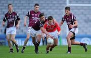 23 April 2011; Paul Sharry, supported by Westmeath team-mates John Gaffey, 4, James Dolan, 14, and Denis Coroon, tackles Liam Shevlin, Louth. Allianz GAA Football Division 3 Final, Louth v Westmeath, Croke Park, Dublin. Picture credit: Ray McManus / SPORTSFILE