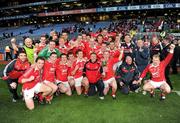 23 April 2011; The Louth squad and officials celebrate with former kit man Charlie McAlester, centre. Allianz GAA Football Division 3 Final, Louth v Westmeath, Croke Park, Dublin. Picture credit: Ray McManus / SPORTSFILE