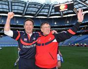 23 April 2011; Louth manager Peter Fitzpatrick, left, and former team kit manager Charlie McAlister after the game. Allianz GAA Football Division 3 Final, Louth v Westmeath, Croke Park, Dublin. Picture credit: Barry Cregg / SPORTSFILE