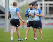 25 April 2011; Leinster's Jamie Heaslip, left, shares a joke with team-mates Shane Horgan and Jonathan Sexton, right, during squad training ahead of their Heineken Cup Semi Final against Toulouse on Saturday. Leinster Rugby Squad Training and Media Briefing, UCD, Belfield, Dublin. Picture credit: Barry Cregg / SPORTSFILE