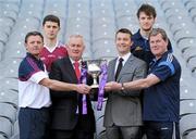 27 April 2011; The Captain's photocall ahead of the Cadbury GAA Football U21 All Ireland Final between Galway and Cavan took place in Croke Park. This is Cadbury Ireland's seventh year as sponsor of the Cadbury GAA football U21 Championship and it continues to go from strength to strength. Cadbury are calling on all Galway and Cavan fans to show their support for their county by heading to Croke Park on Sunday 1st May at 2pm. For more information visit www.cadburygaau21.com. At the photocall are, from left, Galway U21 manager Alan Mulholland, Galway U21 captain Colin Forde, Uachtarán Chumann Lúthchleas Gael Criostóir Ó Cuana, Shane Guest, Senior Brand Manager, Cadbury Ireland, Cavan U21 captain Gearóid McKiernan, and Cavan U21 manager Terry Hyland. Cadbury GAA All-Ireland Football U21 Championship Final - Captain's Photocall, Croke Park, Dublin. Picture credit: Brian Lawless / SPORTSFILE
