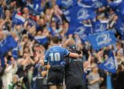 30 April 2011; Jonathan Sexton, Leinster, celebrates with bag man Johnny O'Hagan after kicking a last minute penalty. Heineken Cup Semi-Final, Leinster v Toulouse, Aviva Stadium, Lansdowne Road, Dublin. Picture credit: Stephen McCarthy / SPORTSFILE