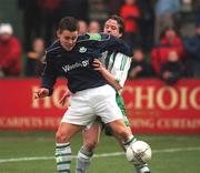 6 January 2002; Shane Robinson of Shamrock Rovers in action against Maurice Farrell of Bray Wanderers during the eircom League Premier Division match between Bray Wanderers and Shamrock Rovers at the Carlisle Grounds in Bray, Wicklow. Photo by Pat Murphy/Sportsfile