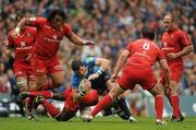 30 April 2011; Shane Horgan, Leinster, is tackled by Yannick Nyanga, Toulouse. Heineken Cup Semi-Final, Leinster v Toulouse, Aviva Stadium, Lansdowne Road, Dublin. Picture credit: Stephen McCarthy / SPORTSFILE