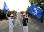 30 April 2011; Leinster supporters Shelly Carthy and Nicola Doyle, from Carlow, at the game. Heineken Cup Semi-Final, Leinster v Toulouse, Aviva Stadium, Lansdowne Road, Dublin. Picture credit: Oliver McVeigh / SPORTSFILE